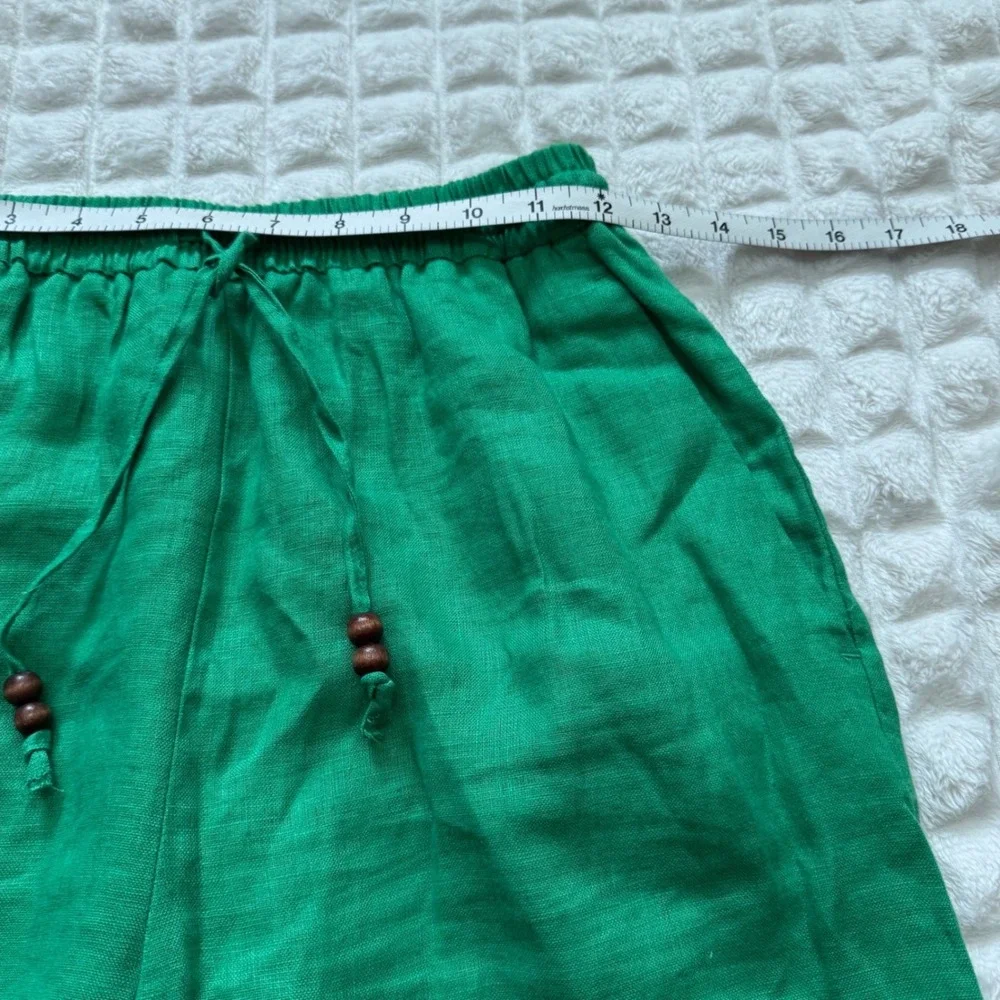 Zara Medium Kelly Green Linen Elastic Waist Pants Lagenlook Beach Casual